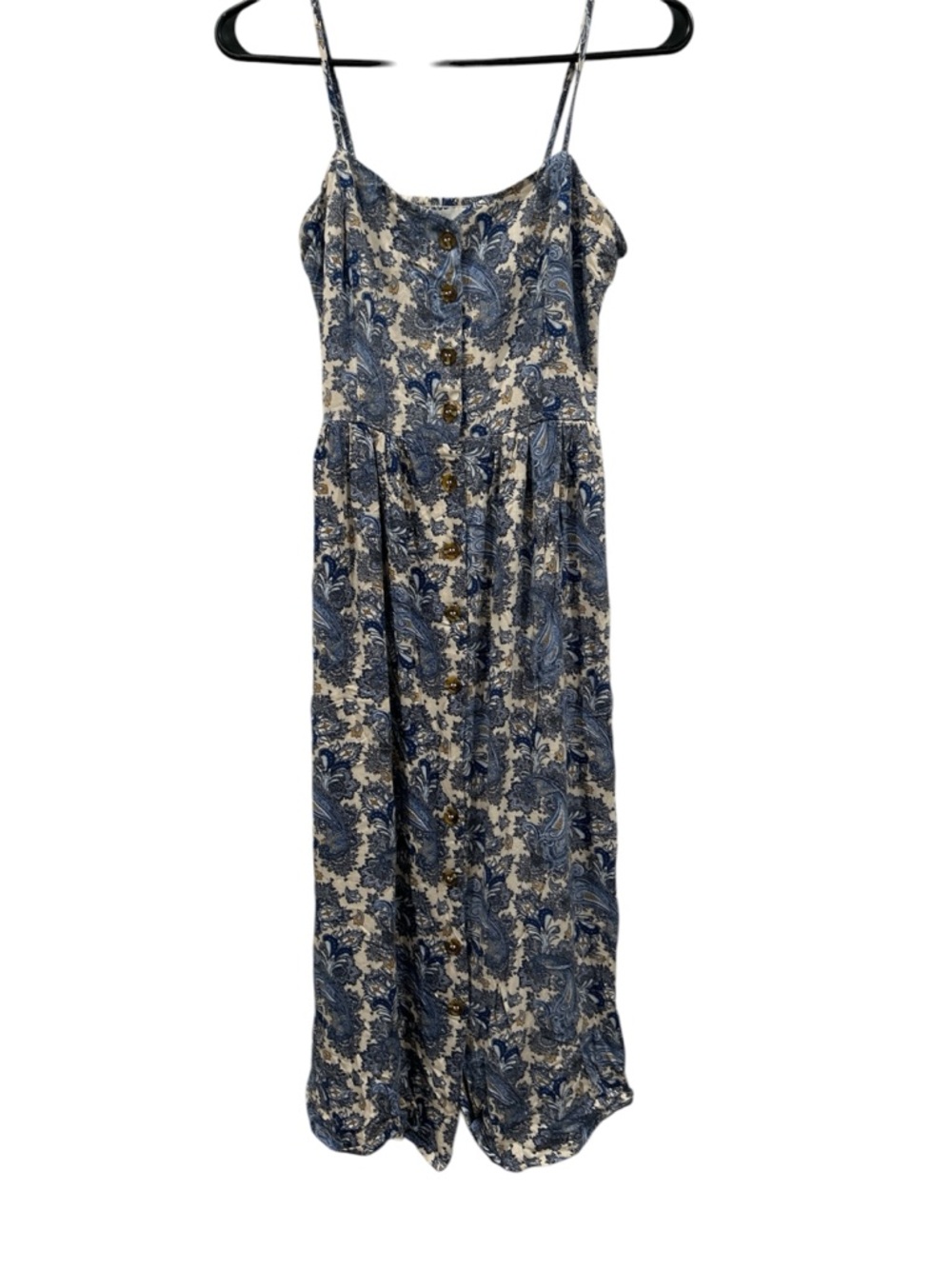 H&M Blue and Cream Floral Button-Front Midi Dress